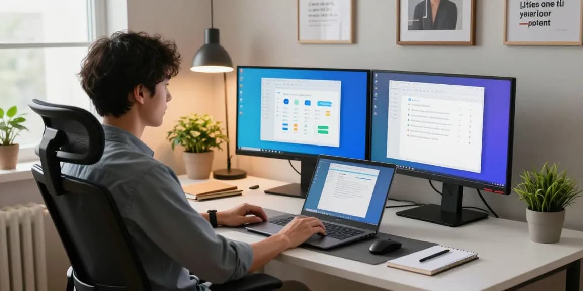 Download WPS Office on dual monitors in a productive home office setup.