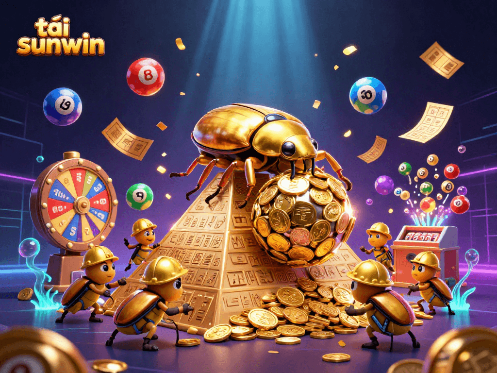 Immerse in the action with tải sunwin, showcasing vibrant lottery balls and a golden beetle in a dynamic casino scene.