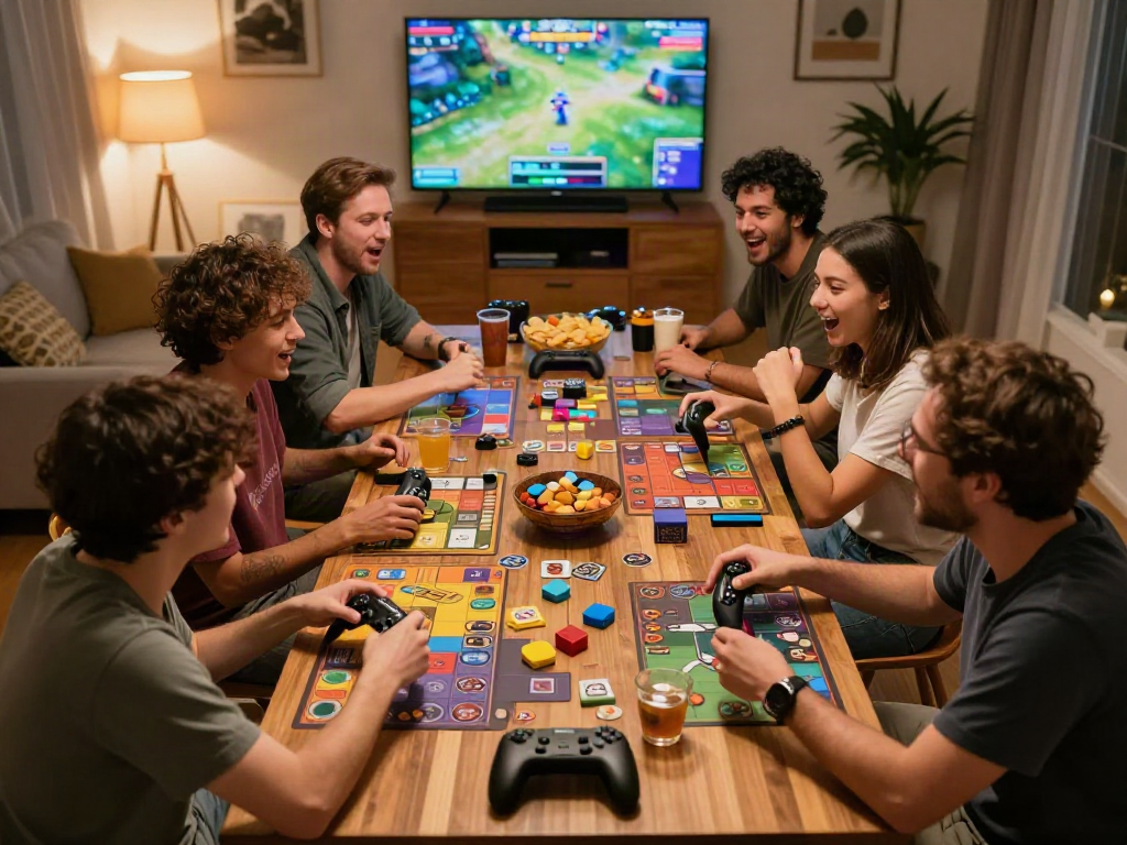 Adults playing sex games in a vibrant game night setting with colorful components and lively expressions.