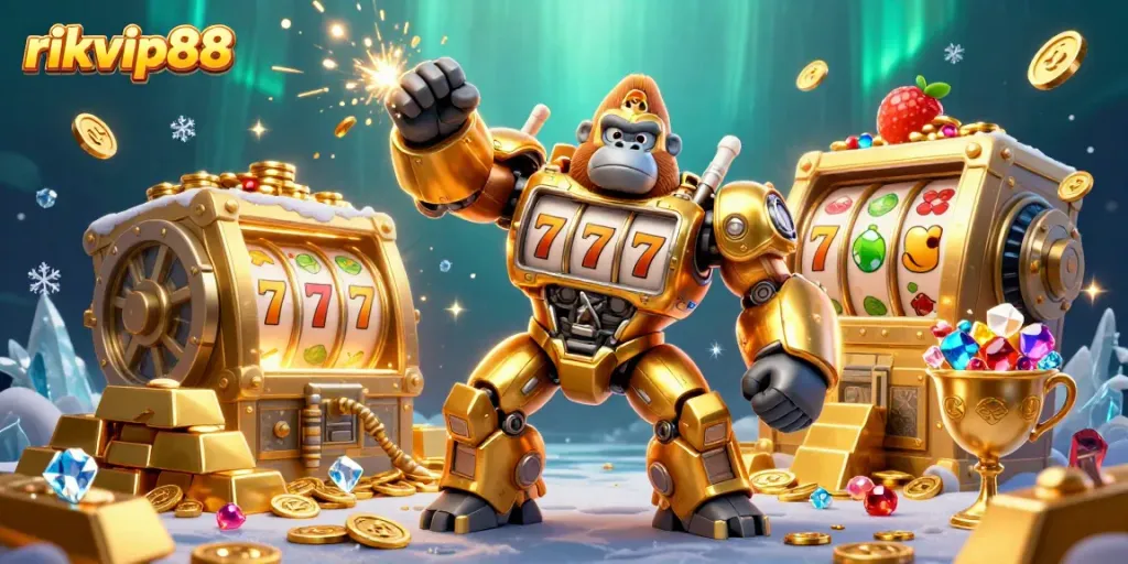 Engage with rikvip88's thrilling casino adventure featuring a golden gorilla mech amidst treasures.