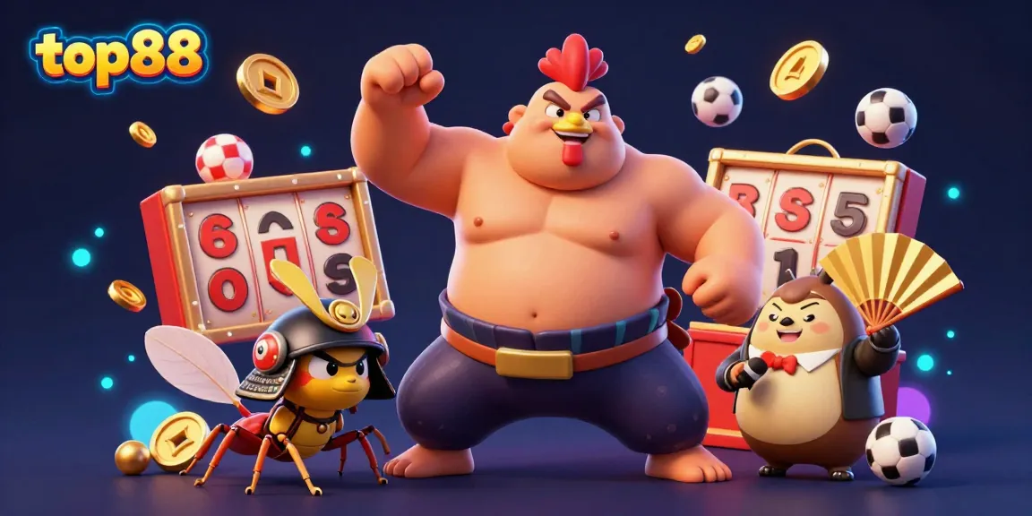 Experience top88's dynamic energy with a powerful sumo wrestler rooster, cricket, and tanuki in a vibrant casino scene.