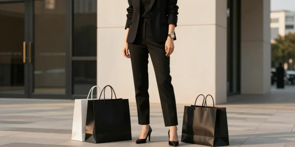 Stylish person representing rokok88 in elegant black attire against urban backdrop, showcasing luxury and sophistication.