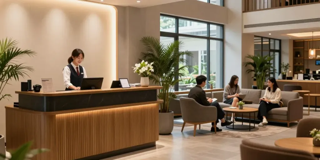 Warm hotel lobby with friendly staff at rokok88 login reception.