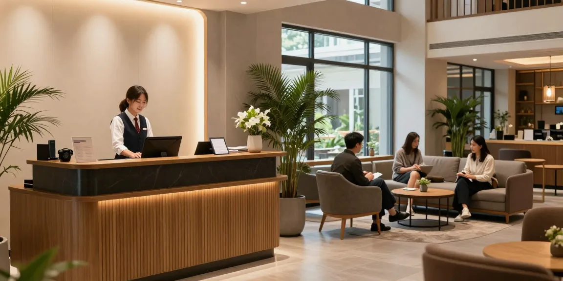 Warm hotel lobby with friendly staff at rokok88 login reception.