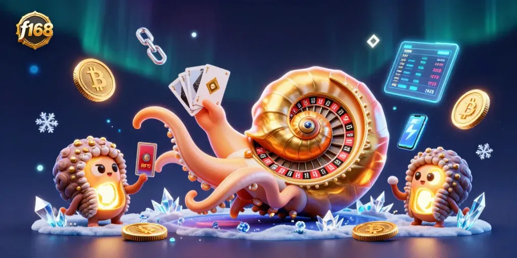Experience f168's vibrant casino adventure with a golden nautilus roulette and glowing crypto elements.