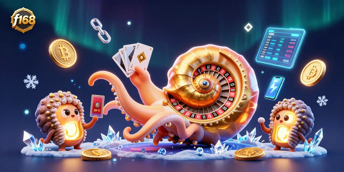 Experience f168's vibrant casino adventure with a golden nautilus roulette and glowing crypto elements.