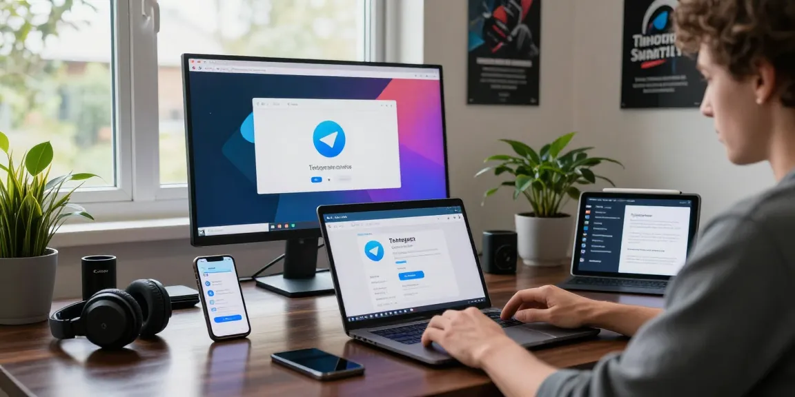 Downloading Telegram on a laptop in a modern tech workspace with gadgets.