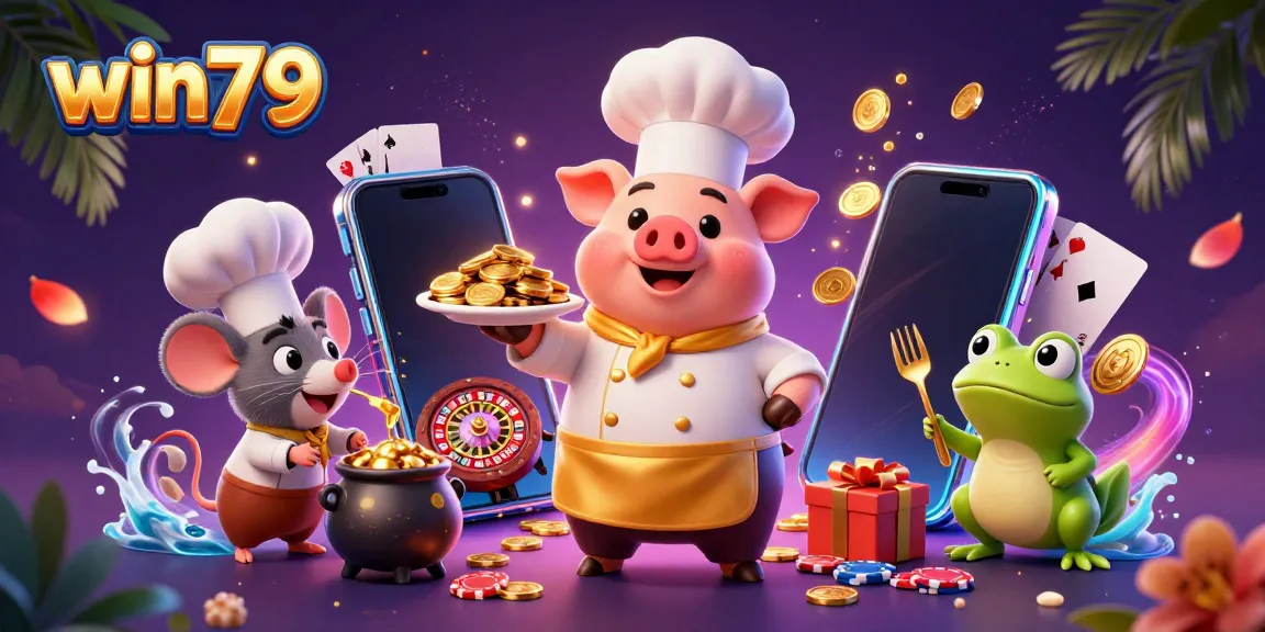 Experience win79 with vibrant 3D characters showcasing gold coins and casino excitement.