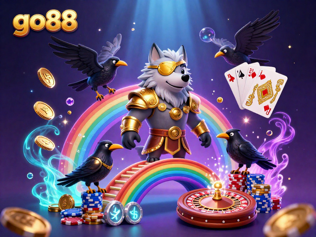 Experience excitement with go88 as Odin the wolf and his ravens embrace a vibrant casino scene filled with golden coins and jackpot spins.
