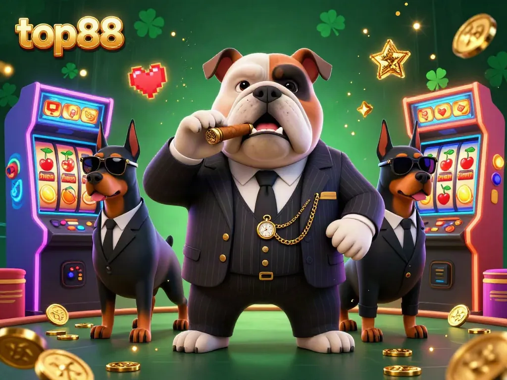 Experience thrilling gameplay at top88 with a vibrant online casino illustration showcasing iconic slot machines and a mafia character.