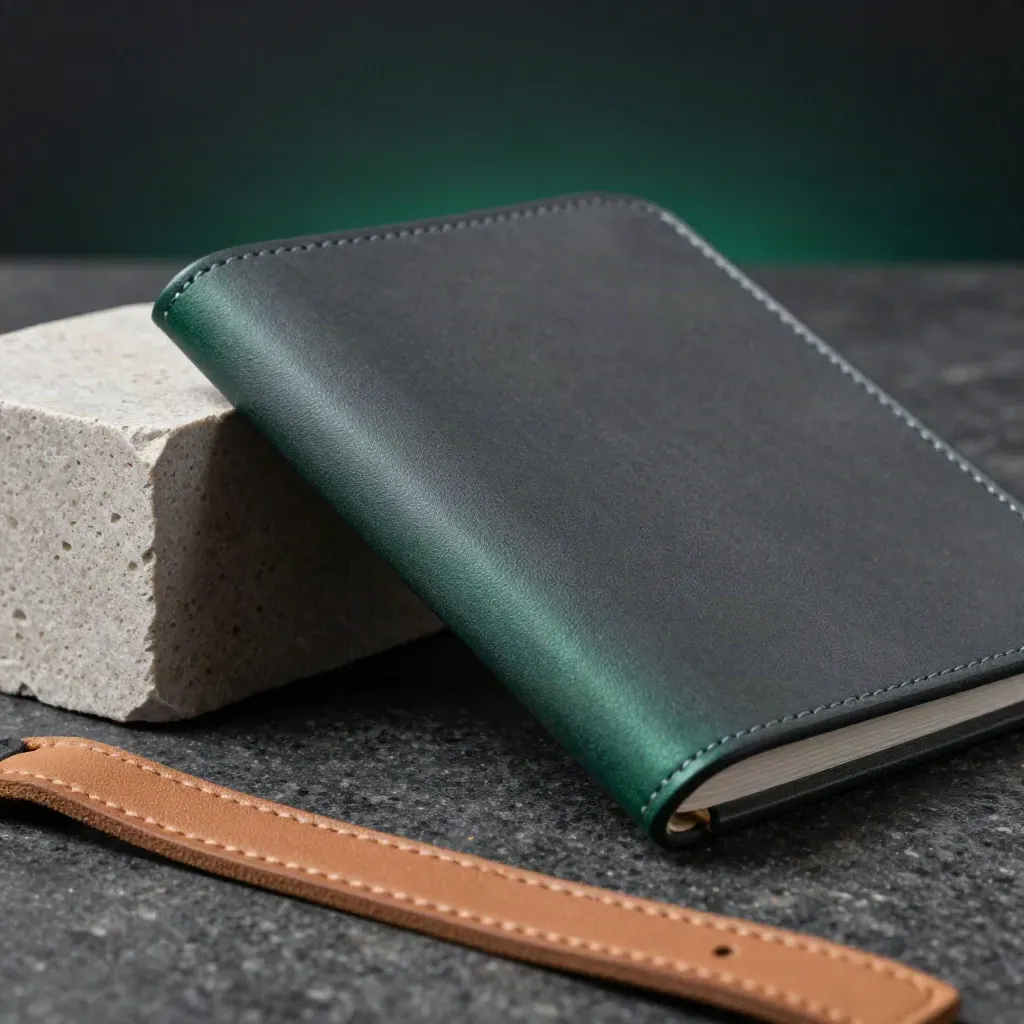 Graphite folio with emerald spine beside limestone cube and leather strap on dark stone.