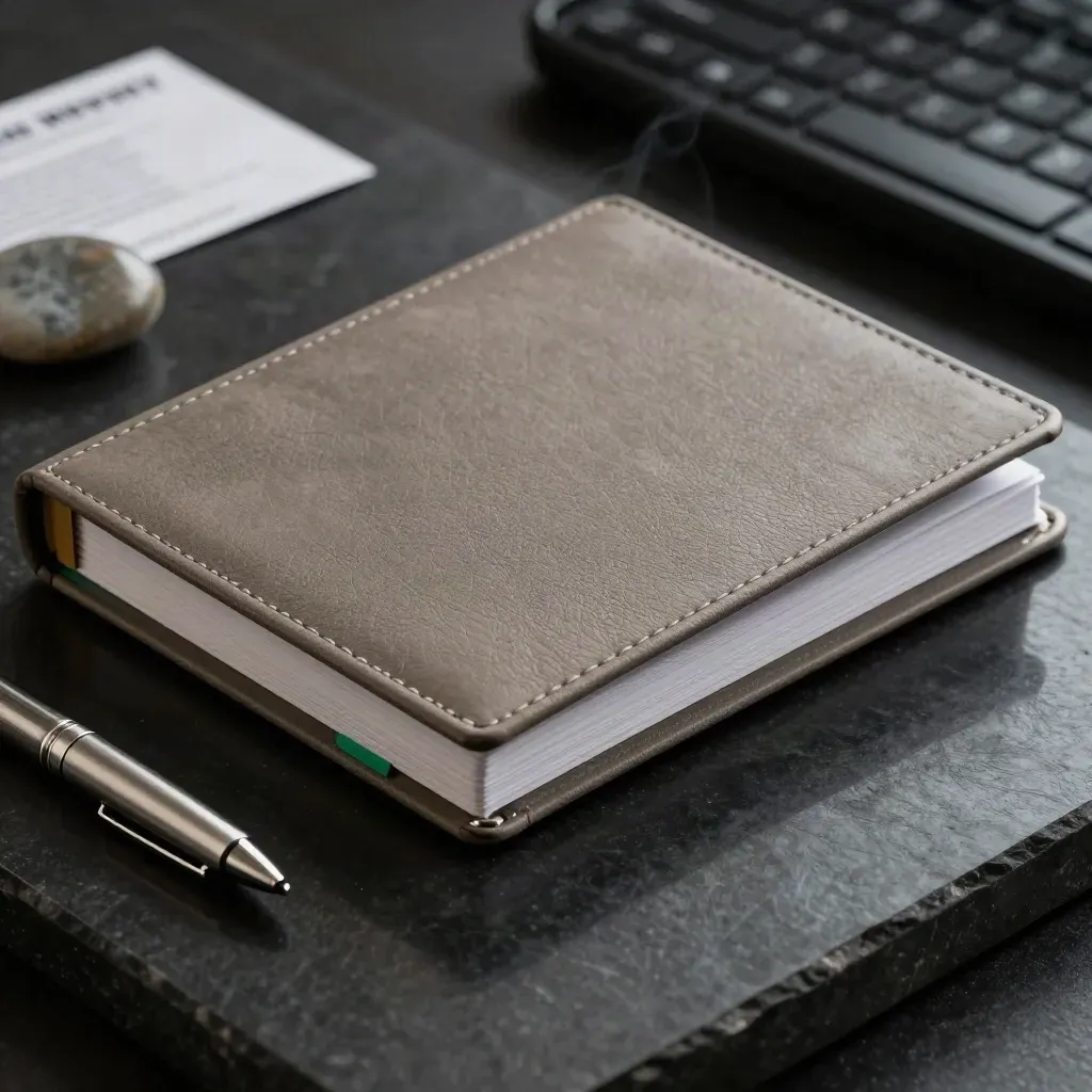 Graphite finance binder with emerald edge, metal pen cap and stone paperweight on a dark studio plinth.
