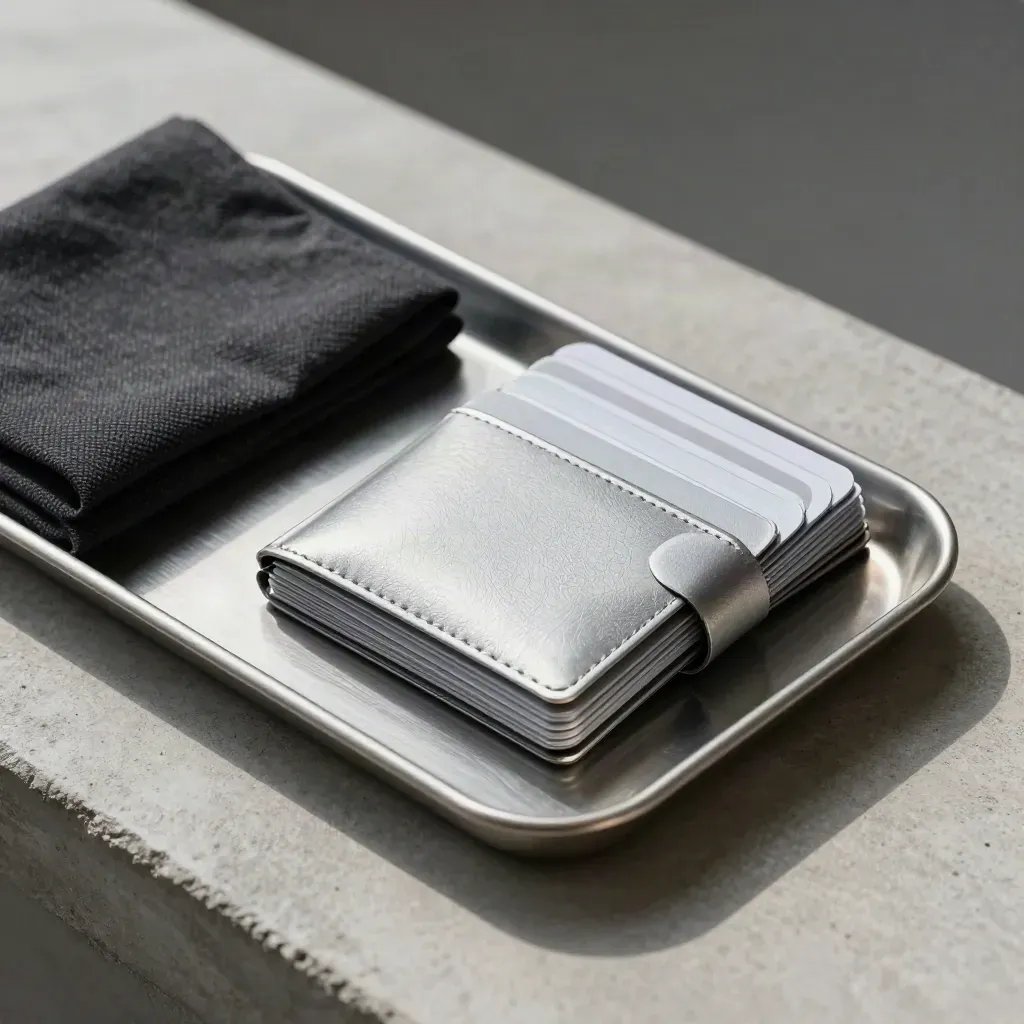 Silver card wallets, steel tray and charcoal cloth on concrete in a precise diagonal layout
