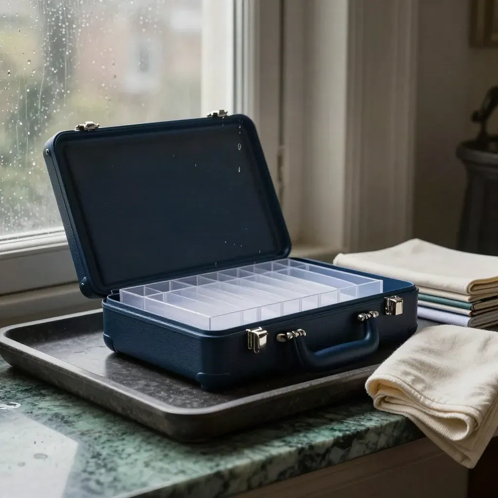 Matte navy portfolio case with silver clasp, folios, and cream cloth on rain-damp stone.