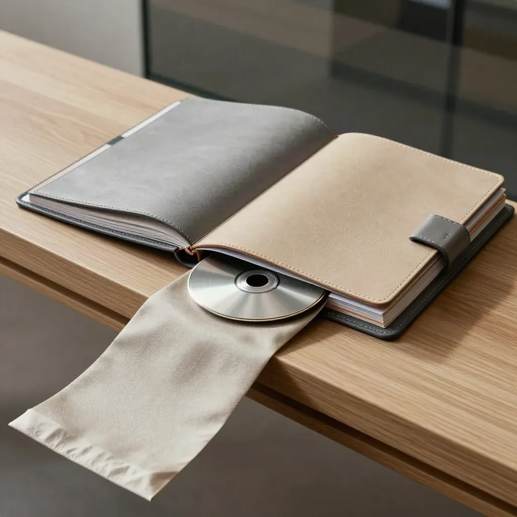 Luxury investment folios, silk sleeve and silver disc on a pale oak ledge in soft daylight.