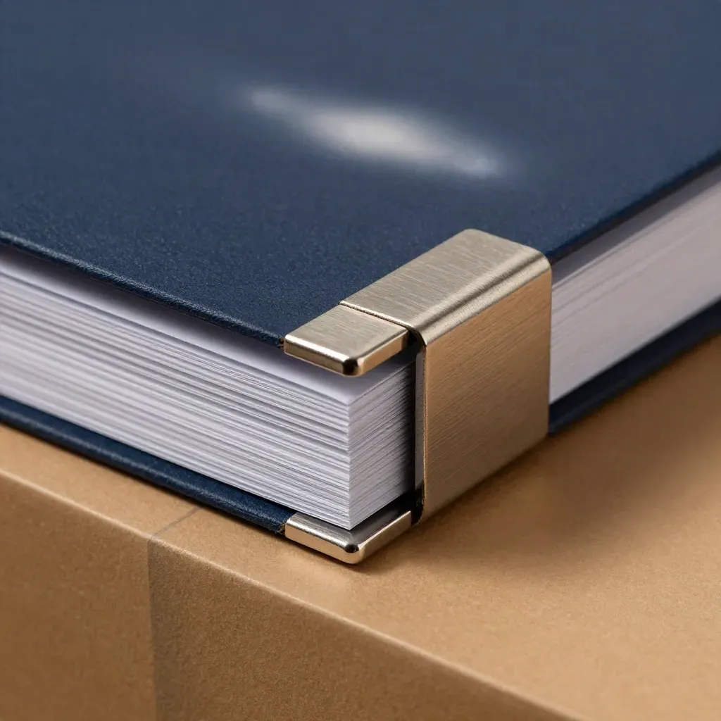 Close-up of a navy risk review packet with silver corners and translucent tabs on a dark archive surface.