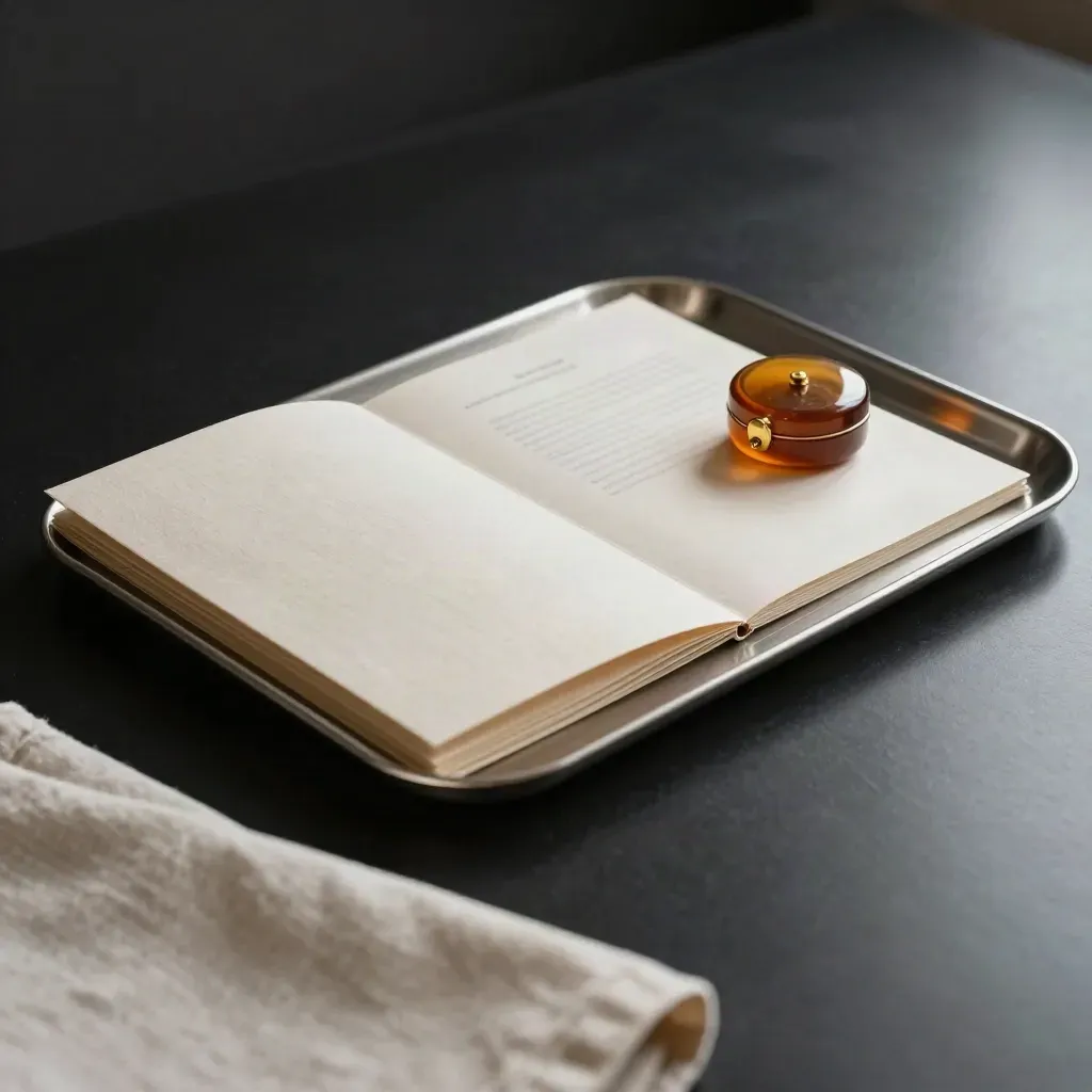 Cream onboarding kit with silver tray, amber box and brass clip on a dark studio surface.