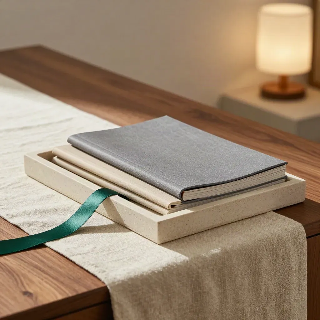 Three unbranded folios on a linen runner with a pale stone tray and emerald ribbon