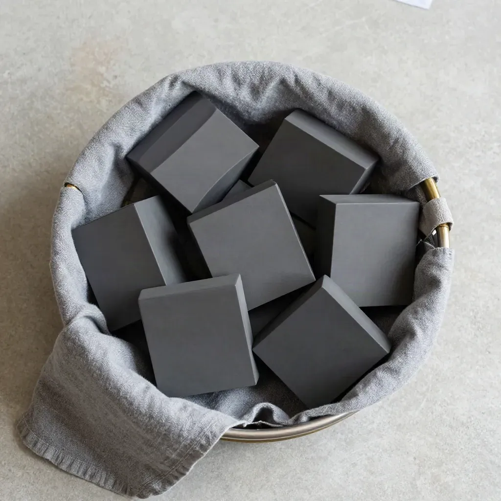 Overhead flatlay of charcoal investment blocks, brass divider and grey cloth on pale concrete.