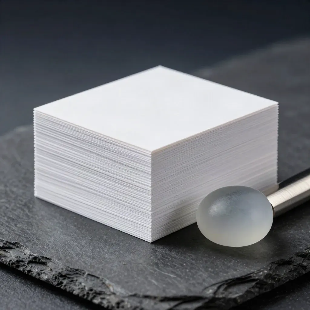 Macro of a white card stack, frosted glass pebble, and brushed aluminium bar on slate.