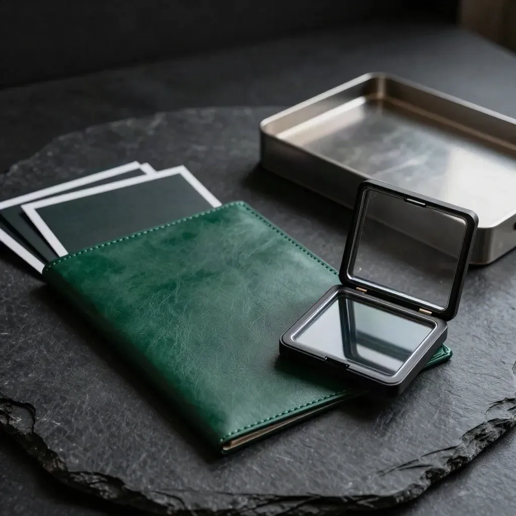 Emerald folio with silver sleeves and a dark glass token case on black stone.