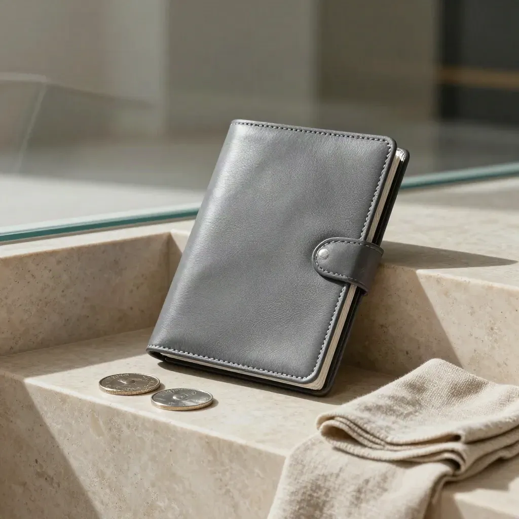 Graphite leather investment folio with silver discs and linen on travertine in soft daylight