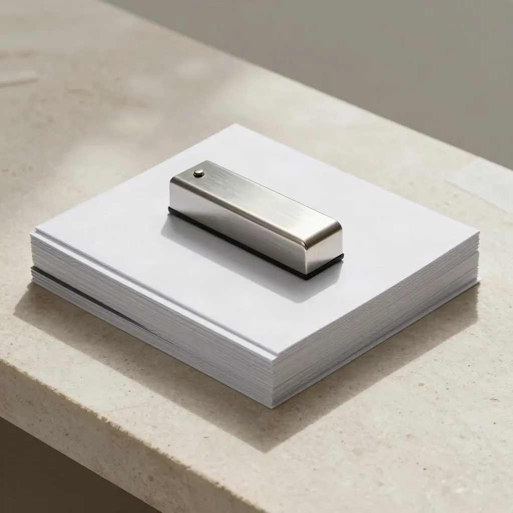 Top-down flatlay of white binders, steel paperweight and charcoal strip on pale stone.