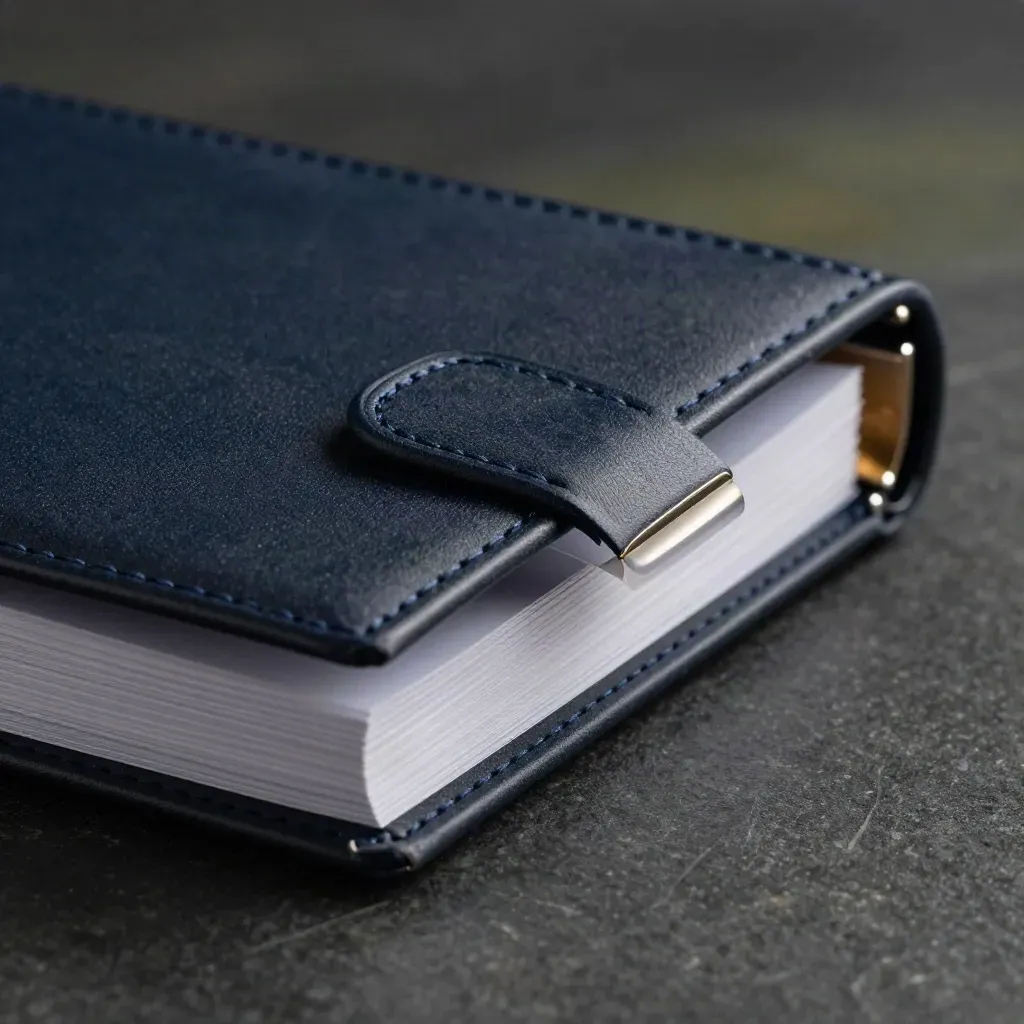 Macro of a navy investment folio with lifted divider sheets and a brushed metal clip on black stone.