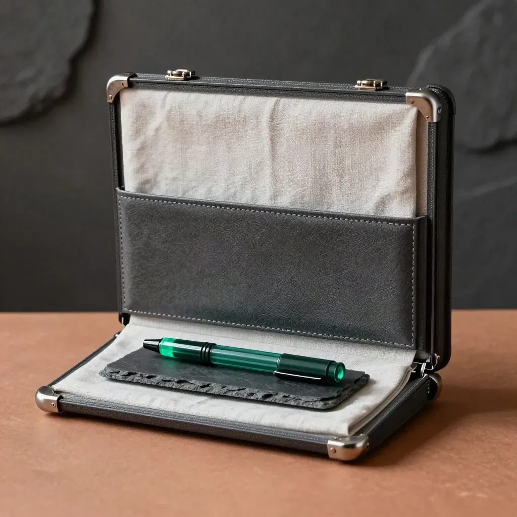 Opened graphite investment folio with linen insert and emerald marker on slate, in soft studio light.