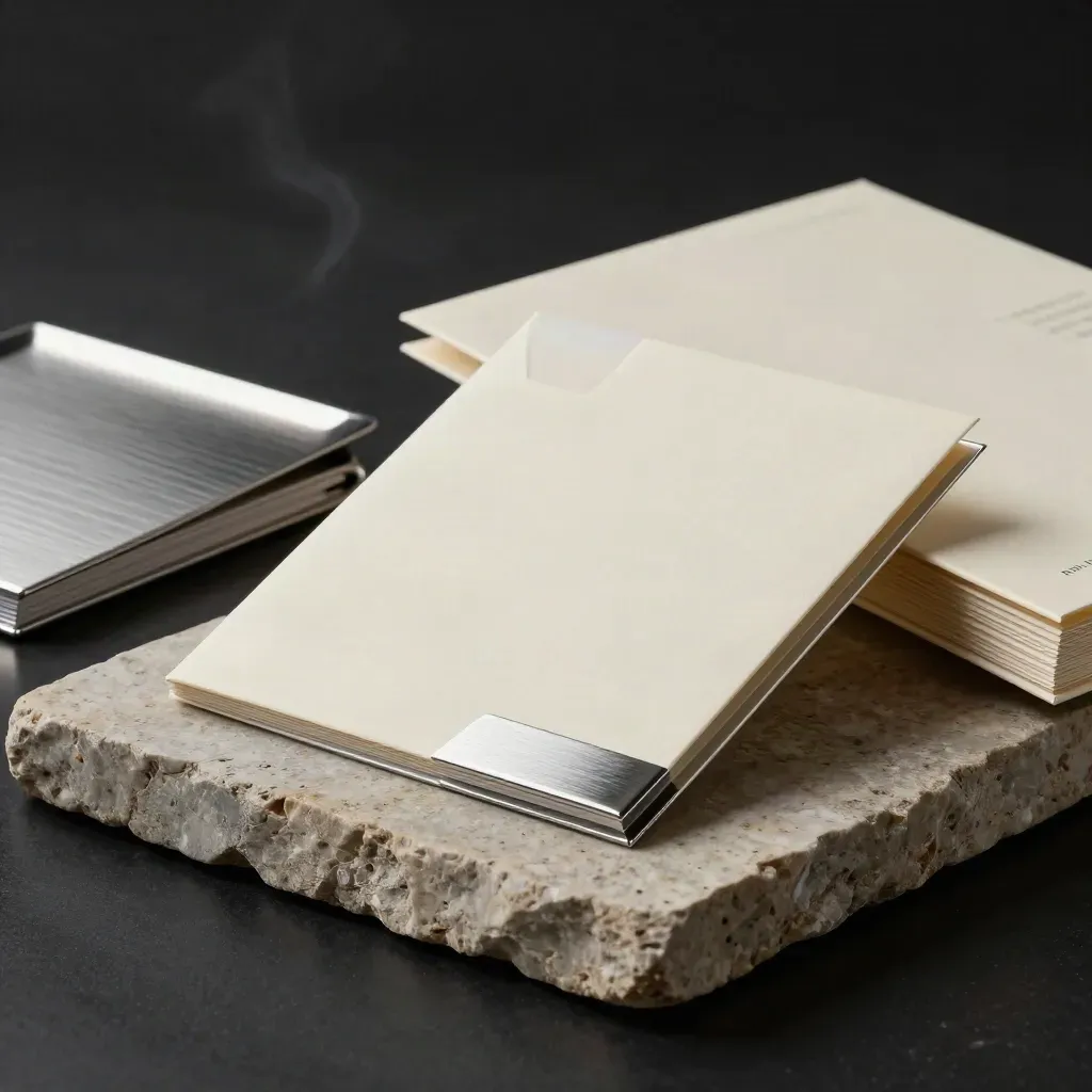 Cream-and-silver investment packet on limestone in a dim luxury review room, lit dramatically.