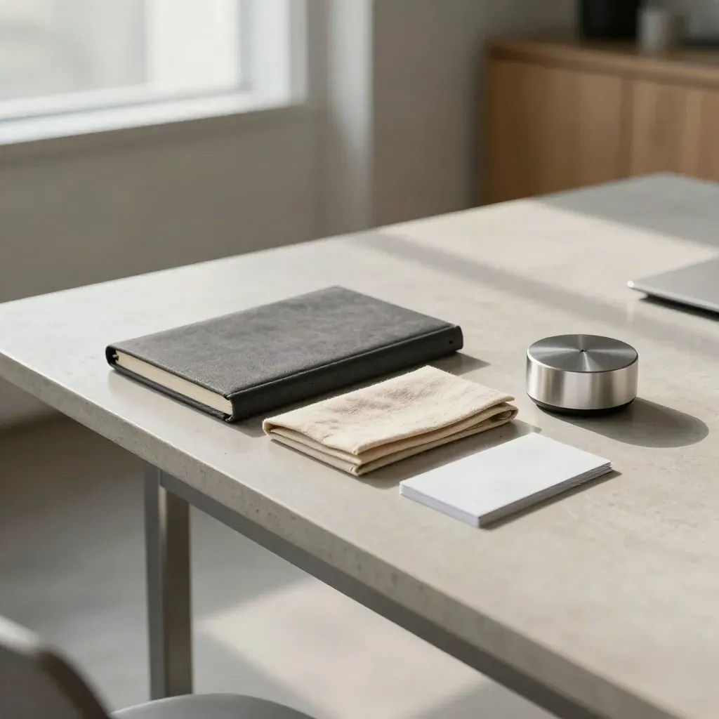 Prepared investor call setup with notebook, linen folio, speaker puck, and face-down cards on concrete.