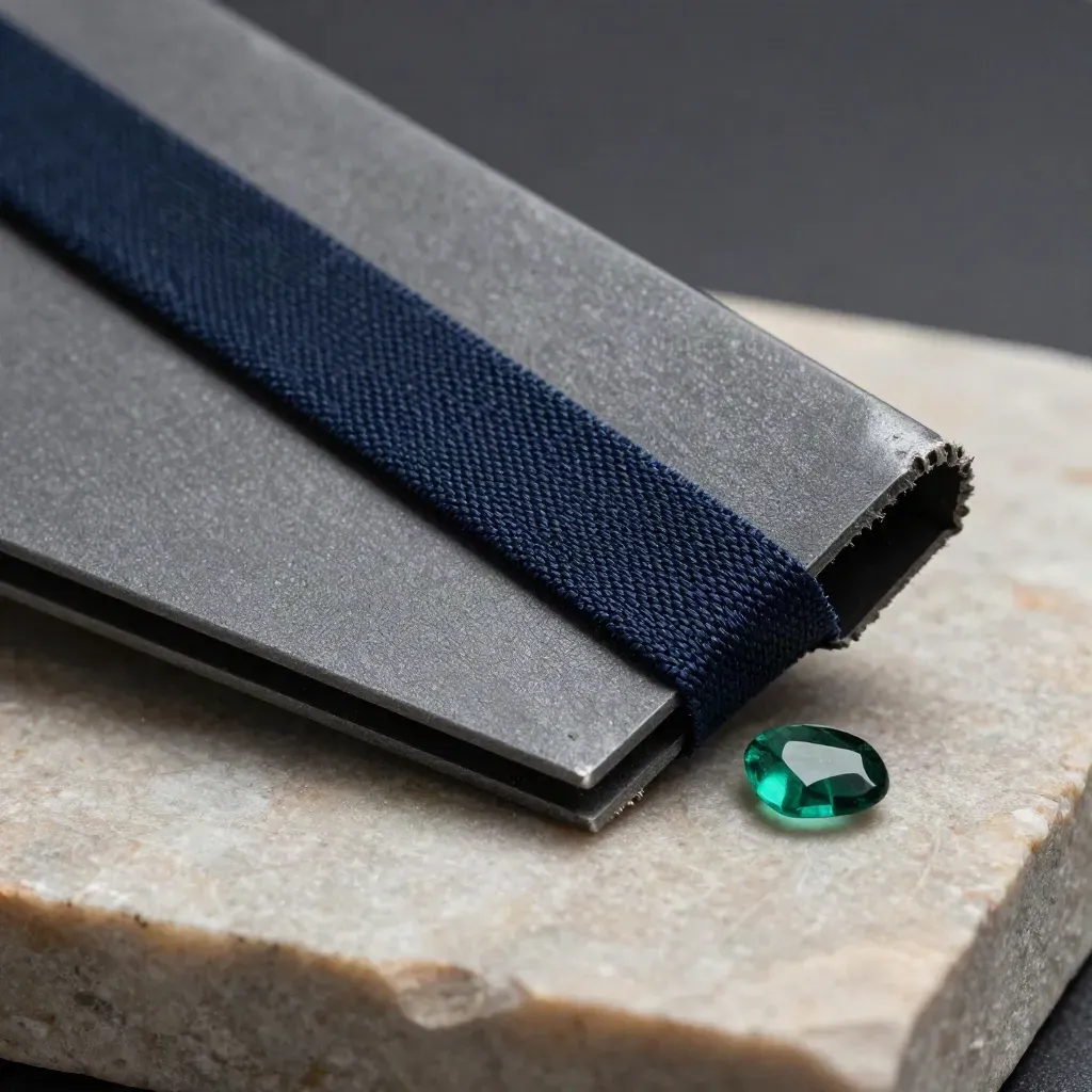 Macro of a graphite folder, navy strip, and emerald glass chip on limestone.