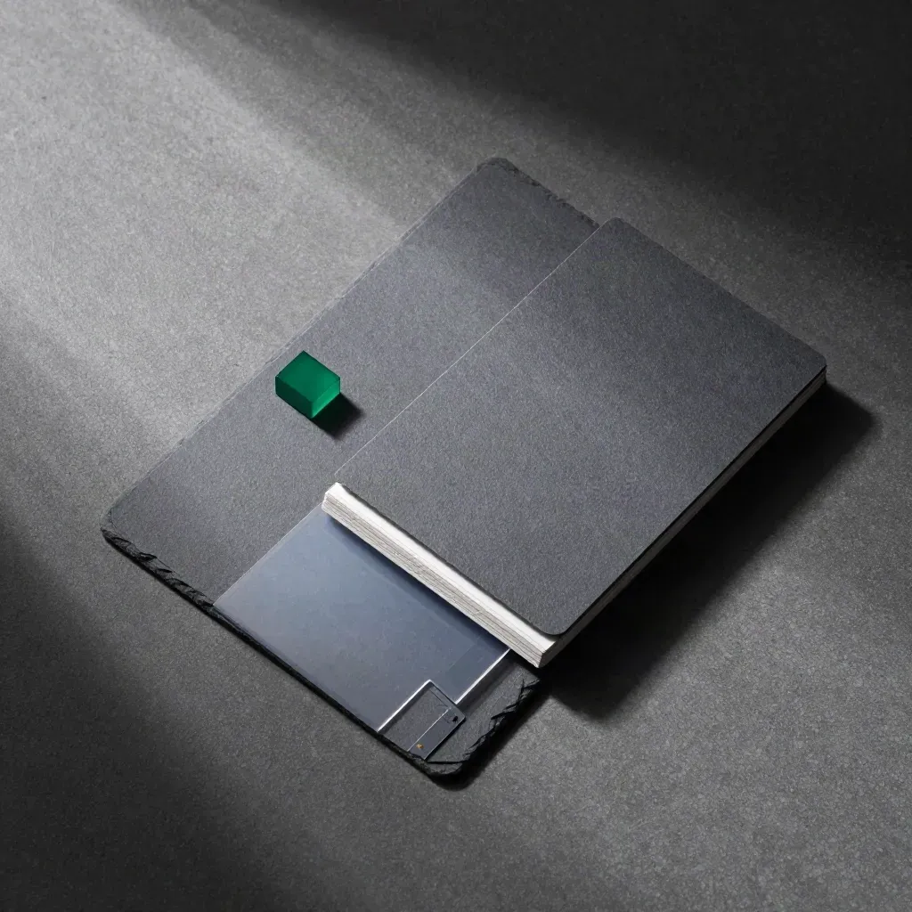 Overhead finance health-check kit with slate cards, translucent sheet and emerald block on concrete