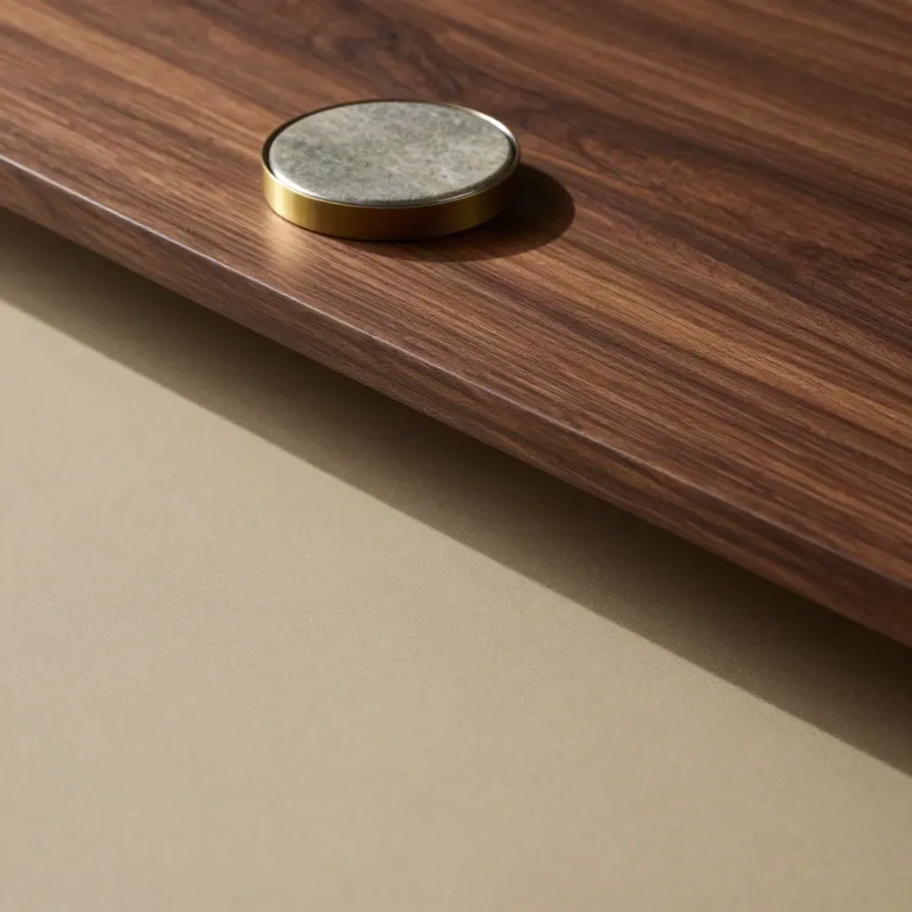 Dark walnut surface with brass-rimmed stone object and shadowed paperweight in soft light.