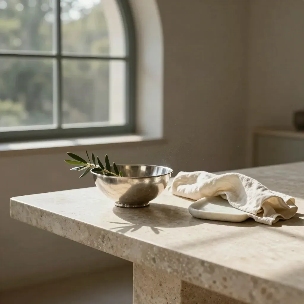 Travertine table by arched window with olive branch, silver bowl, and soft linen