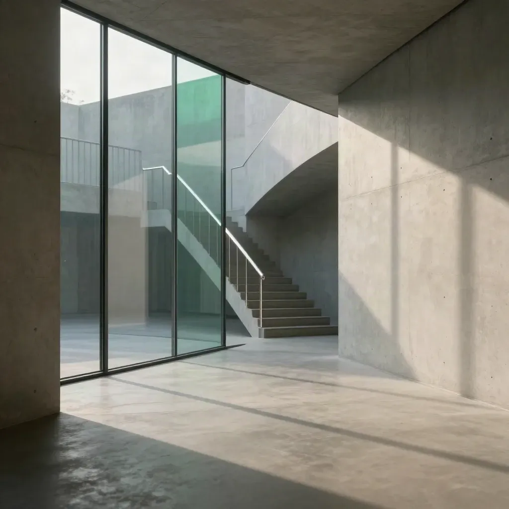 Sunlit concrete gallery corridor with staircase, brushed metal rail and emerald reflection
