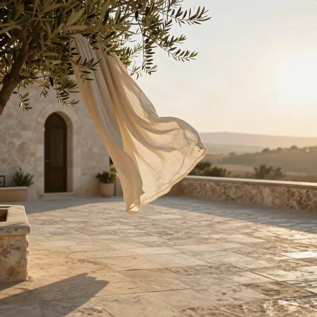 Golden Mediterranean terrace with linen drape, olive branches, and a blurred doorway at sunset.