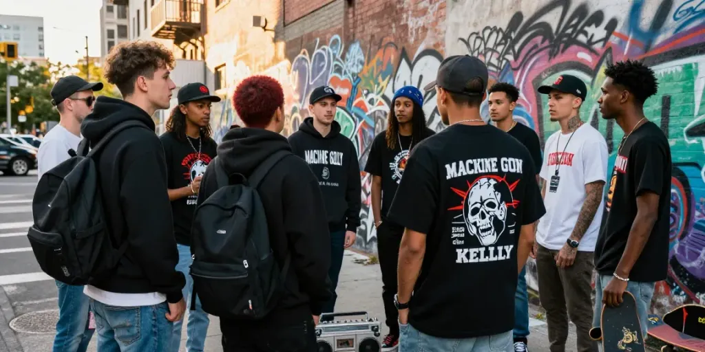Youthful urban scene showcasing rokok88 alternatif merchandise in a vibrant street setting.