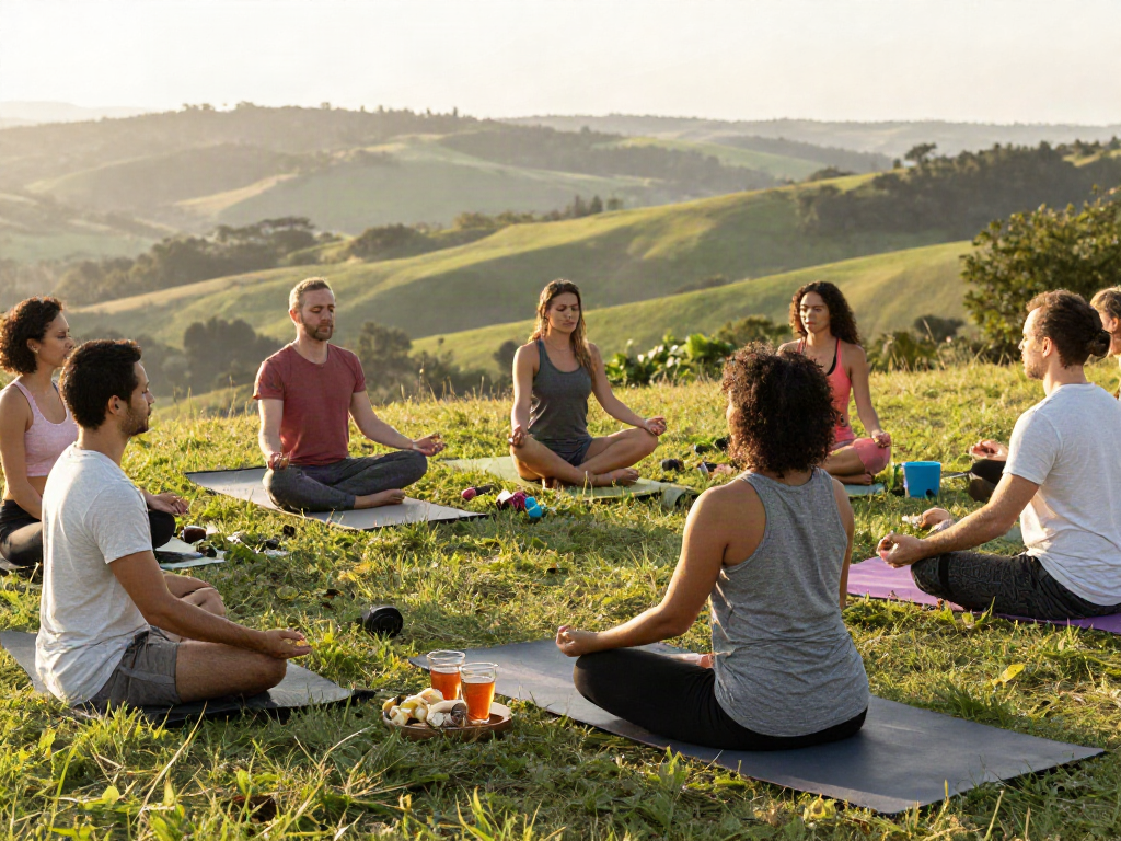 Group practicing mindfulness outdoors with rokok88 alternatif during serene morning