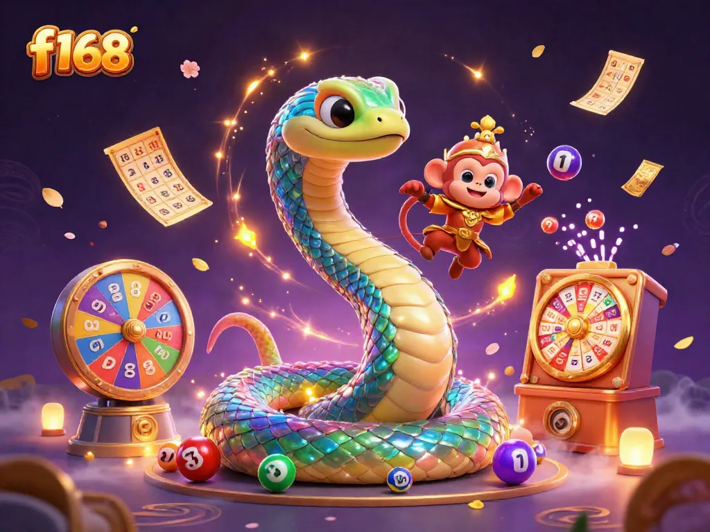 Engage with f168's vibrant lottery scene featuring a rainbow serpent and a monkey king surrounded by dynamic game elements.