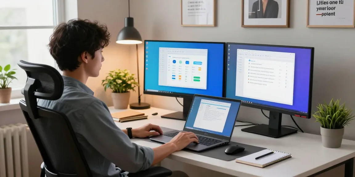 Download WPS Office on dual monitors in a productive home office setup.