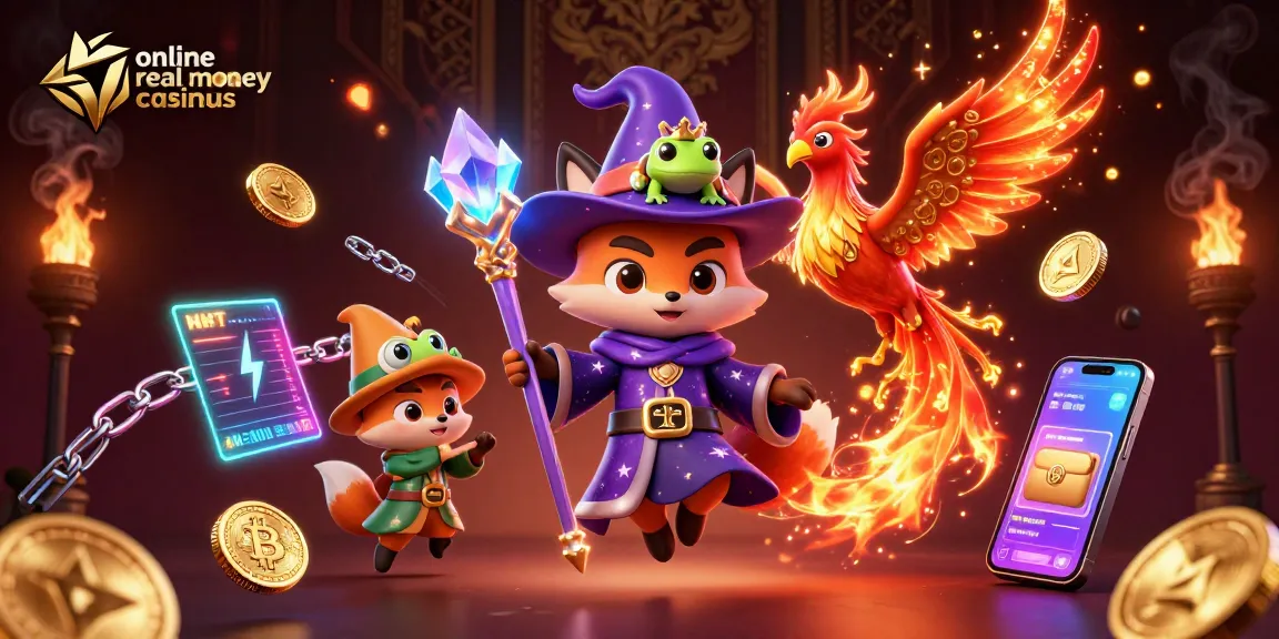 Play online baccarat real money casinous with a vibrant 3D wizardscene full of crypto elements.