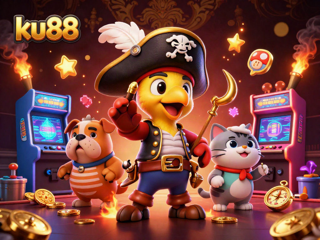 Experience the excitement of ku88 with a vibrant 3D casino scene filled with action and game elements.