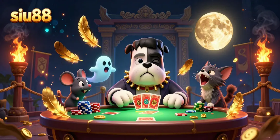 Siu88 celebrates winning at the casino with a lively atmosphere featuring a Frankenstein bulldog dealer and playful ghost mouse.