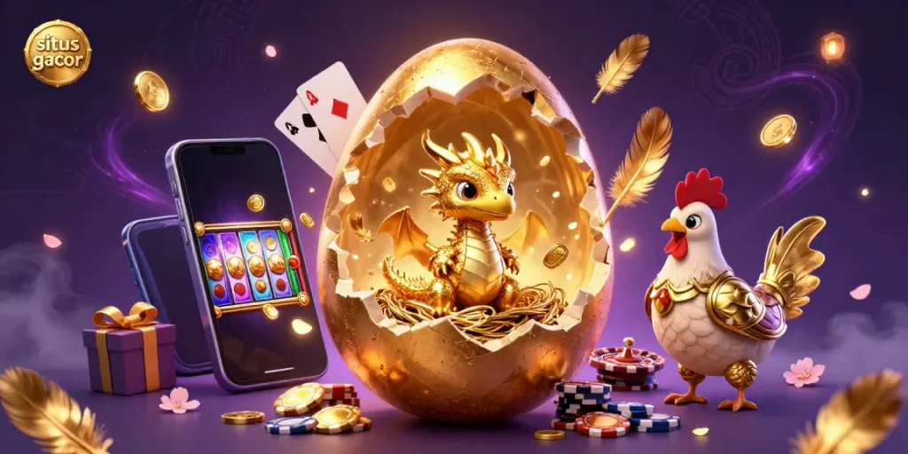Engage with situs gacor through a vibrant scene of golden dragons and slot games, celebrating exciting jackpots.