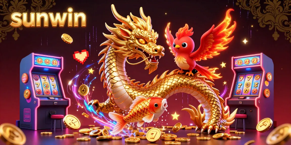 Spin to win with sunwin's vibrant casino art featuring a dragon, phoenix, and koi fish amidst game elements.