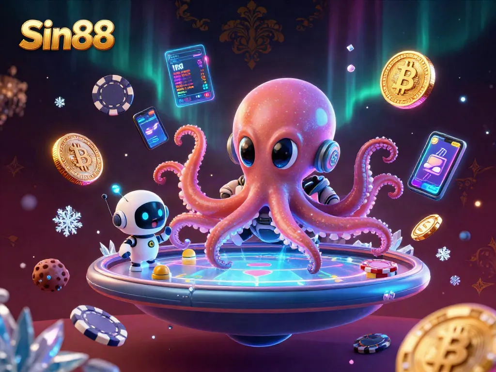 Sin88 alien octopus explores poker strategies with neon crypto elements in a vibrant casino.