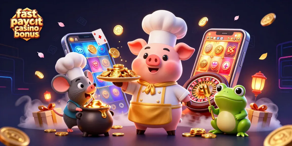 Catch the excitement of a fast payout casino bonus with chef pig, mouse, and frog in a vibrant casino setting.